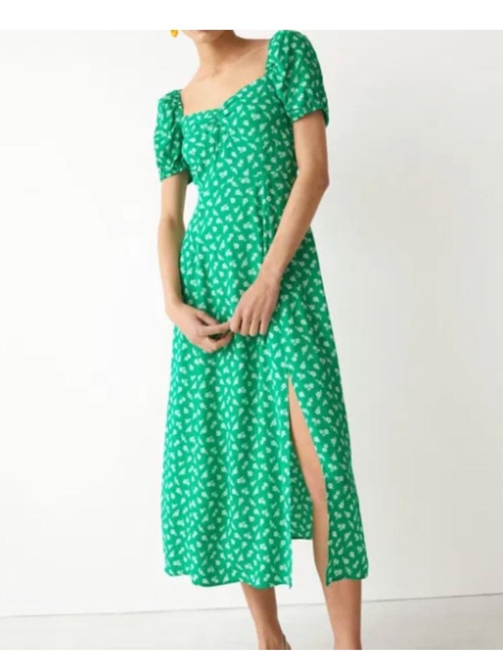 & Other Stories Green Floral Flowy Puff Sleeve Midi Dress with Side Slit size 10